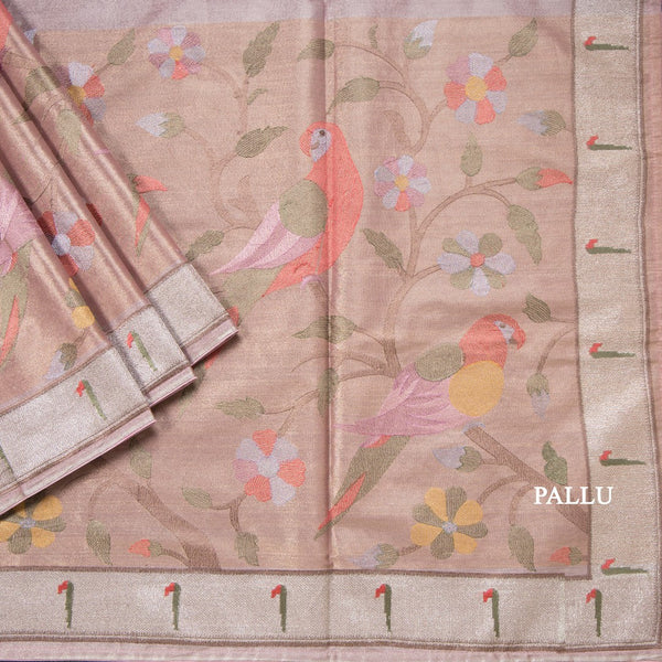Tissue Rose Gold Thread Embroidered Saree With Tree Design