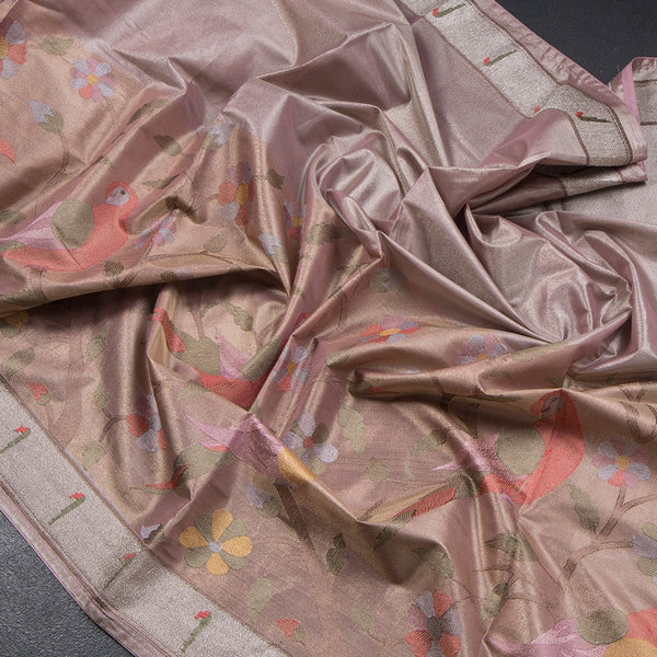 Tissue Rose Gold Thread Embroidered Saree With Tree Design