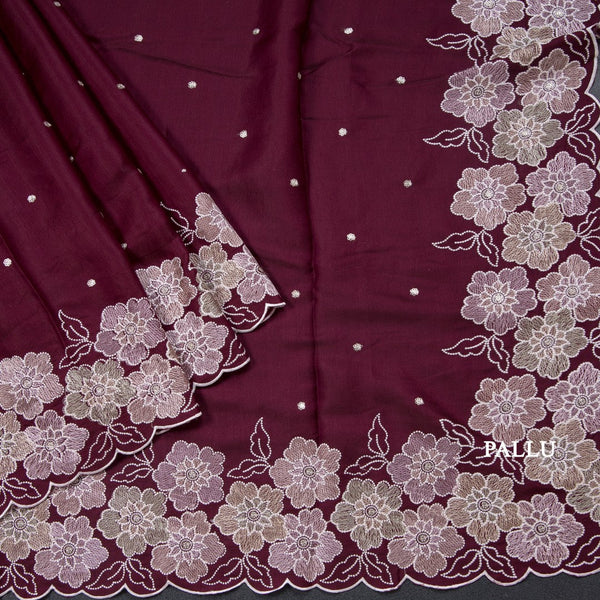 Semi Raw Silk Wine Colour Embroidered Saree With Floral Border Design