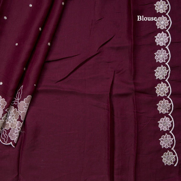 Semi Raw Silk Wine Colour Embroidered Saree With Floral Border Design