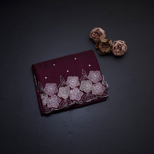 Semi Raw Silk Wine Colour Embroidered Saree With Floral Border Design