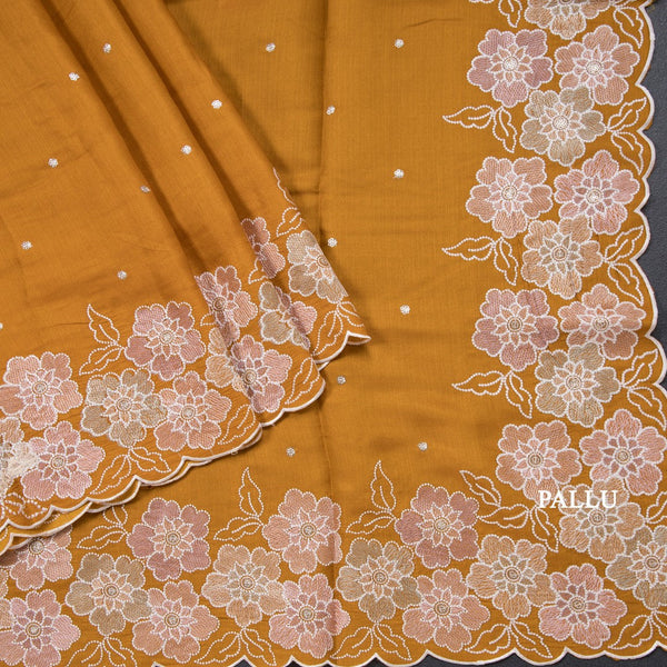 Semi Raw Silk Mango Yellow Embroidered Saree With Floral Border Design