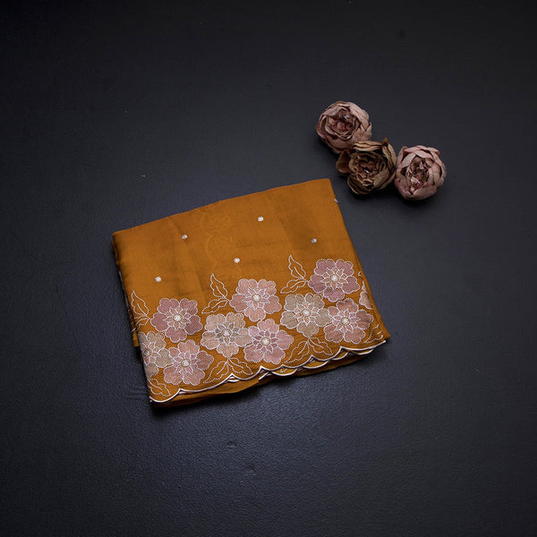 Semi Raw Silk Mango Yellow Embroidered Saree With Floral Border Design