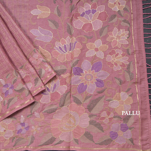 Semi Raw Silk Onion Pink Zari Checked Saree And Embroidered Border