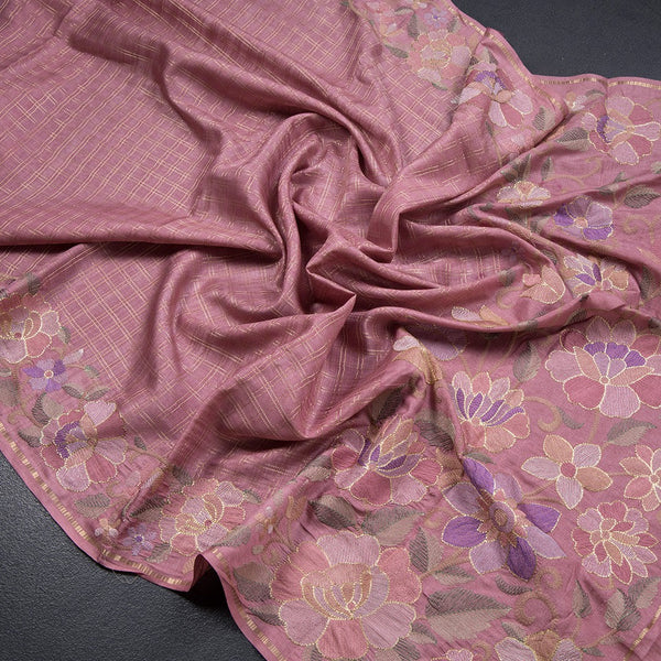 Semi Raw Silk Onion Pink Zari Checked Saree And Embroidered Border - Kumaran Silks