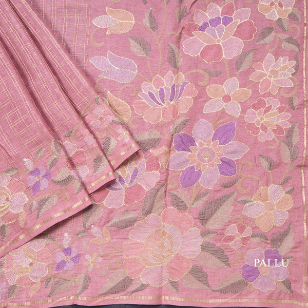 Semi Raw Silk Onion Pink Zari Checked Saree And Embroidered Border - Kumaran Silks
