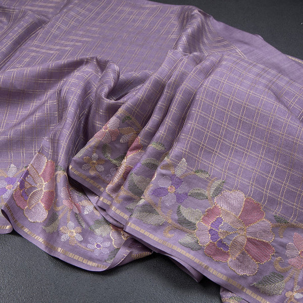 Semi Raw Silk Lavender Zari Checked Saree And Embroidered Border