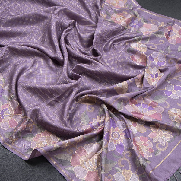 Semi Raw Silk Lavender Zari Checked Saree And Embroidered Border - Kumaran Silks