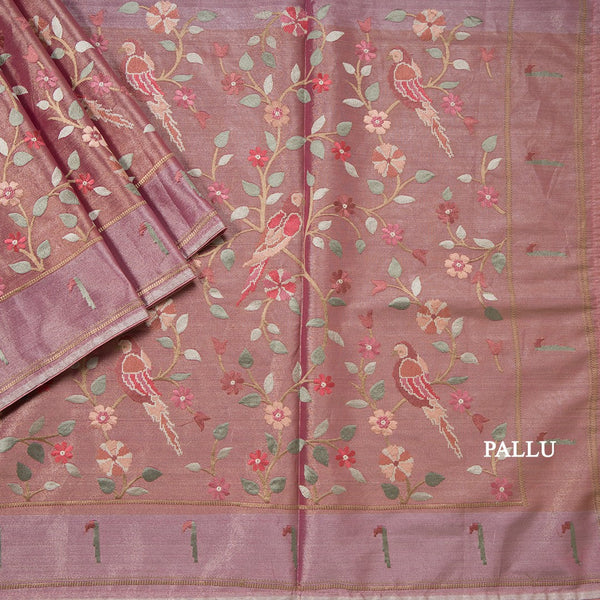 Tissue Pink Thread Embroidered Saree With Branches Design
