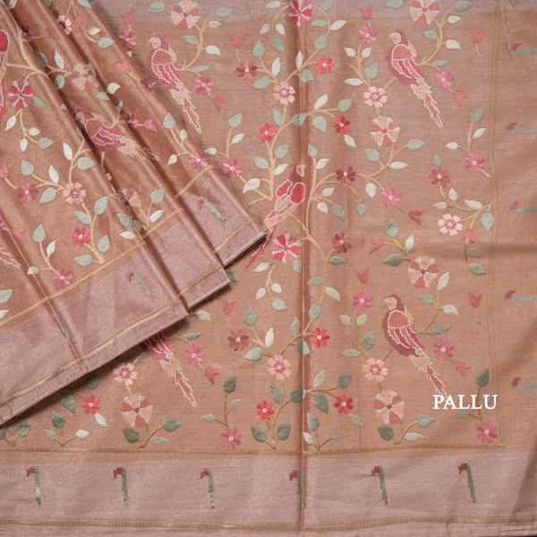 Tissue Peach Thread Embroidered Saree With Branches Design
