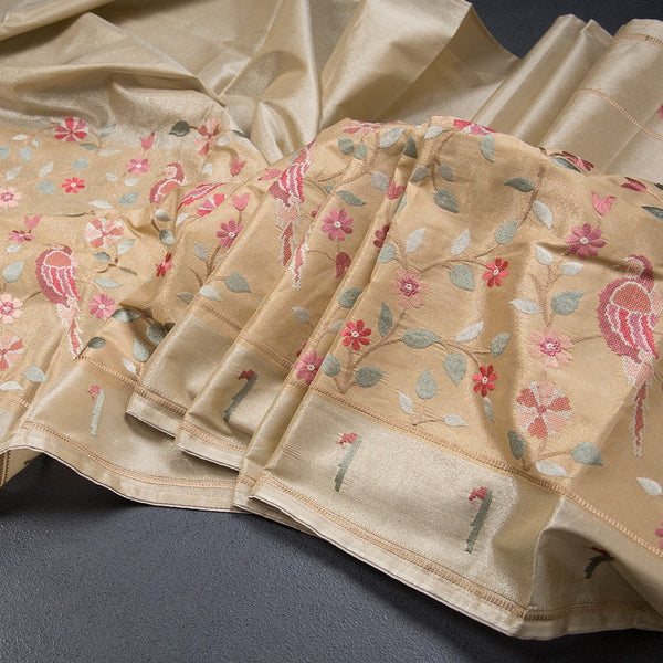 Tissue Sandal Thread Embroidered Saree With Branches Design