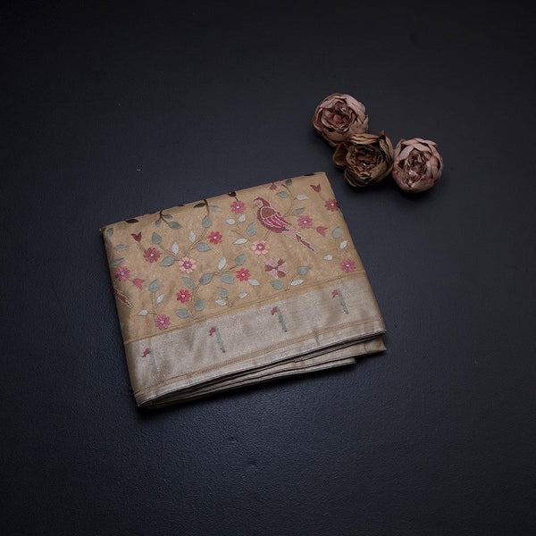 Tissue Sandal Thread Embroidered Saree With Branches Design