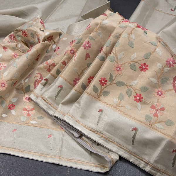 Tissue Cream Thread Embroidered Saree With Branches Design