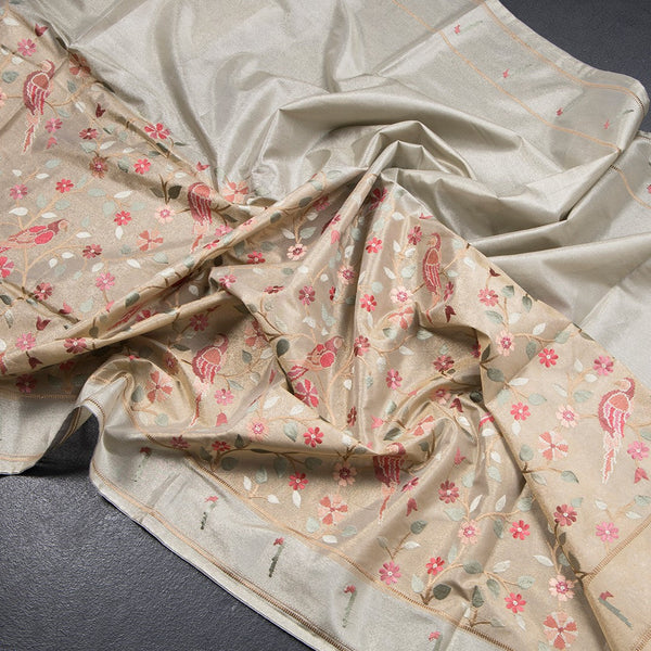 Tissue Cream Thread Embroidered Saree With Branches Design