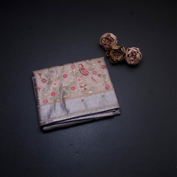 Tissue Light Lavender Thread Embroidered Saree With Branches Design