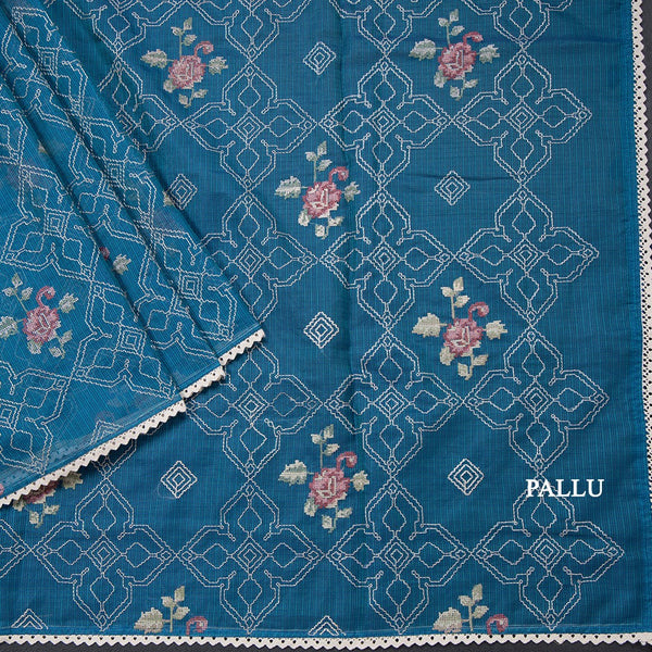 Kota Peacock Blue Thread Embroidered Saree