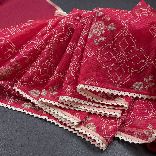 Kota Reddish Pink Thread Embroidered Saree