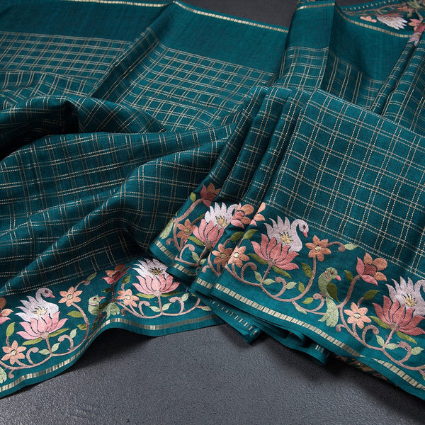 Semi Raw Silk Peacock Green Zari Checked Saree And Embroidered Border