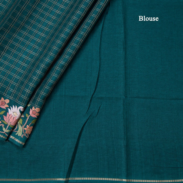 Semi Raw Silk Peacock Green Zari Checked Saree And Embroidered Border