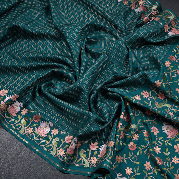 Semi Raw Silk Peacock Green Zari Checked Saree And Embroidered Border