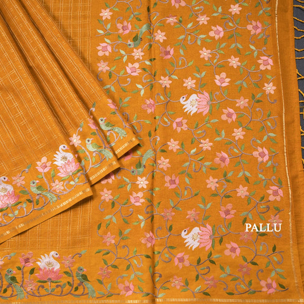 Semi Raw Silk Mango Yellow Zari Checked Saree And Embroidered Border