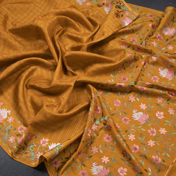 Semi Raw Silk Mango Yellow Zari Checked Saree And Embroidered Border - Kumaran Silks