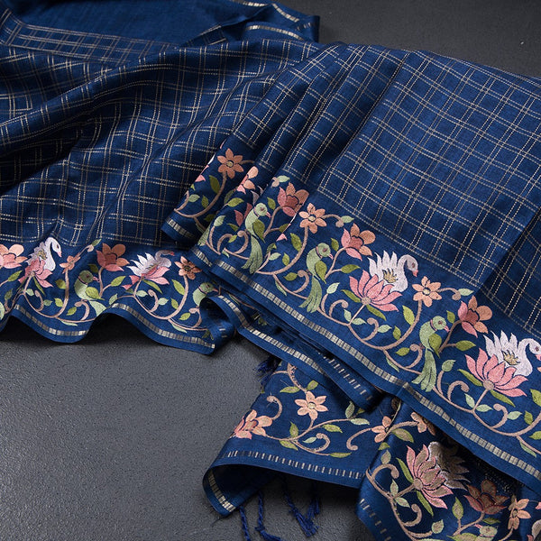 Semi Raw Silk Dark Blue Zari Checked Saree And Embroidered Border