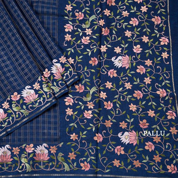 Semi Raw Silk Dark Blue Zari Checked Saree And Embroidered Border