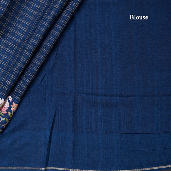 Semi Raw Silk Dark Blue Zari Checked Saree And Embroidered Border
