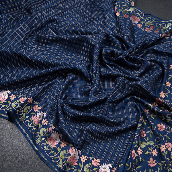 Semi Raw Silk Dark Blue Zari Checked Saree And Embroidered Border