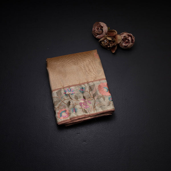 Organza Gold Saree With Applique Work