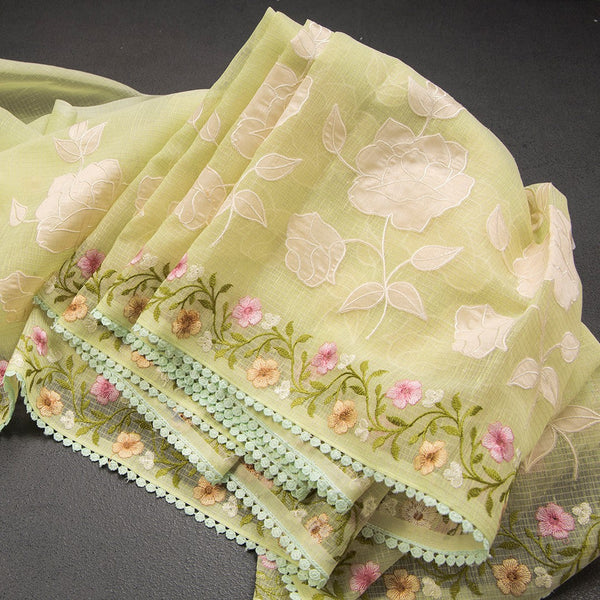 Kota Pista Green Saree With Applique Work