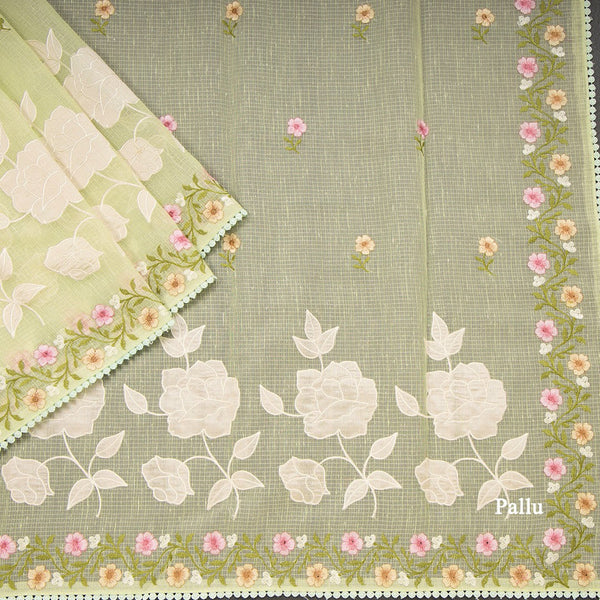 Kota Pista Green Saree With Applique Work