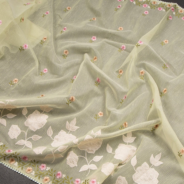 Kota Pista Green Saree With Applique Work