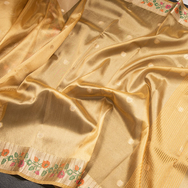 Tissue Gold Saree With Zari Buttas And Paithani Border