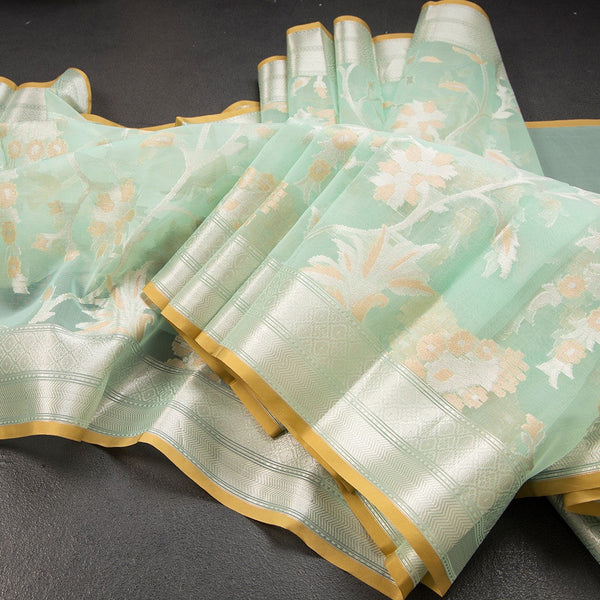 Organza Turquoise Green Floral Zari Worked Saree