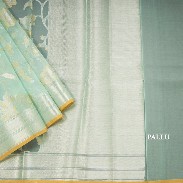 Organza Turquoise Green Floral Zari Worked Saree