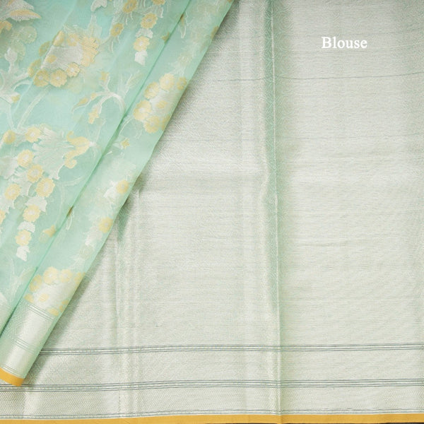 Organza Turquoise Green Floral Zari Worked Saree