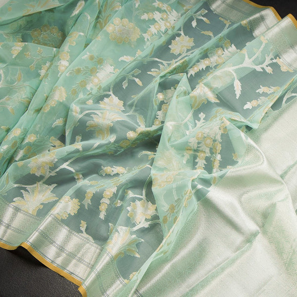 Organza Turquoise Green Floral Zari Worked Saree