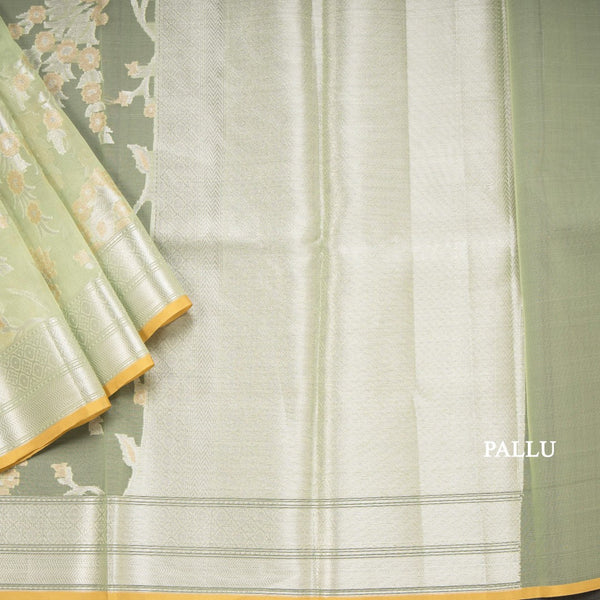 Organza Pista Green Floral Zari Worked Saree