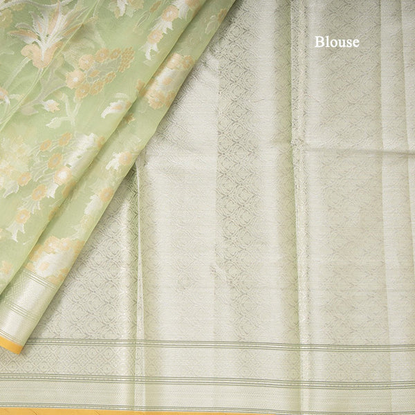 Organza Pista Green Floral Zari Worked Saree