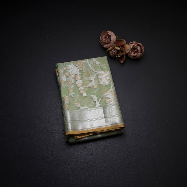 Organza Pista Green Floral Zari Worked Saree