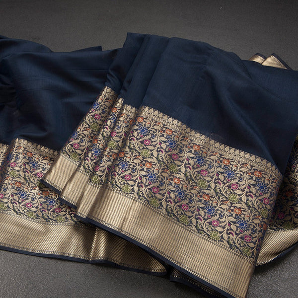 Silk Cotton Navy Blue Plain Saree With Paithani Border