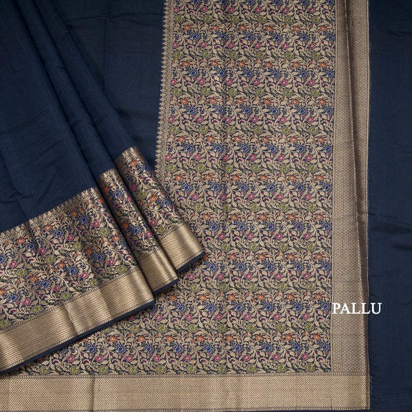 Silk Cotton Navy Blue Plain Saree With Paithani Border