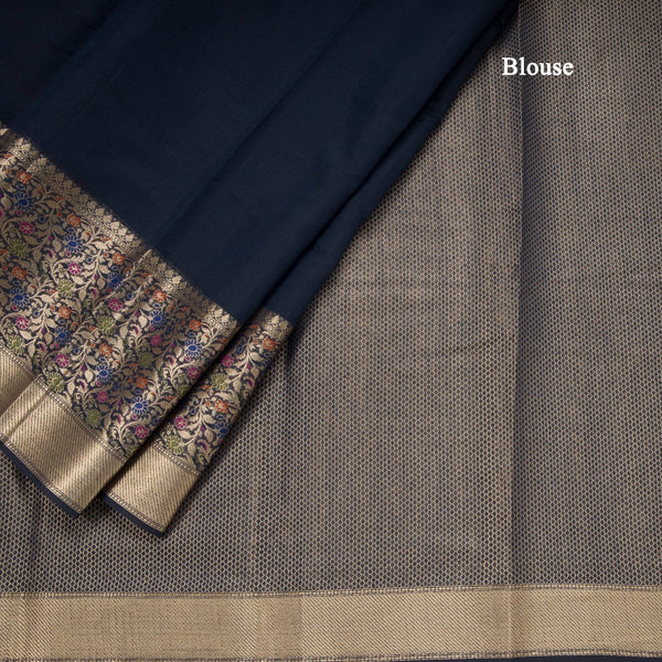 Silk Cotton Navy Blue Plain Saree With Paithani Border