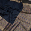Silk Cotton Navy Blue Plain Saree With Paithani Border
