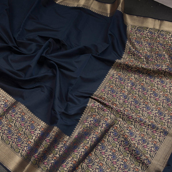 Silk Cotton Navy Blue Plain Saree With Paithani Border