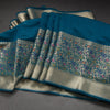 Silk Cotton Peacock Blue Plain Saree With Paithani Border