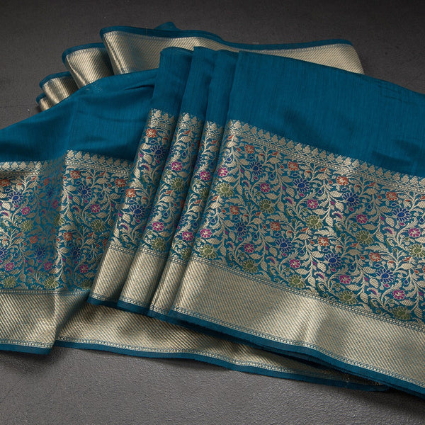 Silk Cotton Peacock Blue Plain Saree With Paithani Border