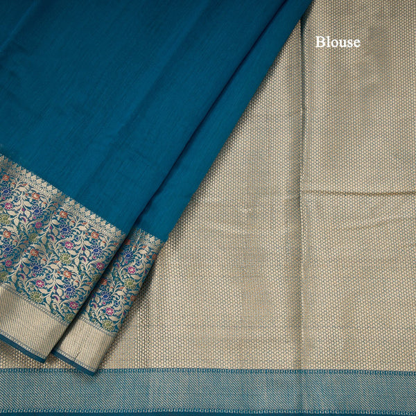 Silk Cotton Peacock Blue Plain Saree With Paithani Border